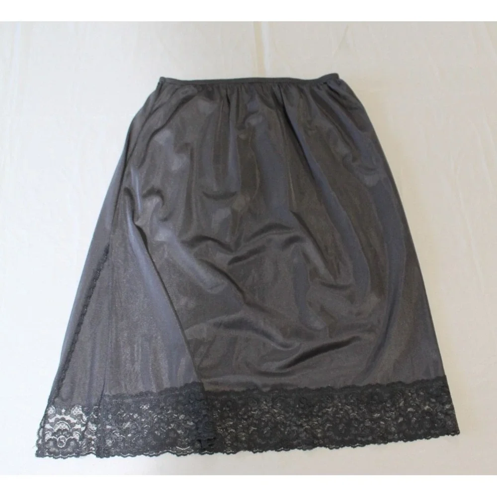 Vintage Sears Medium Black Half Slip Lace Detail Elastic Waist Side Slit 80s 90s